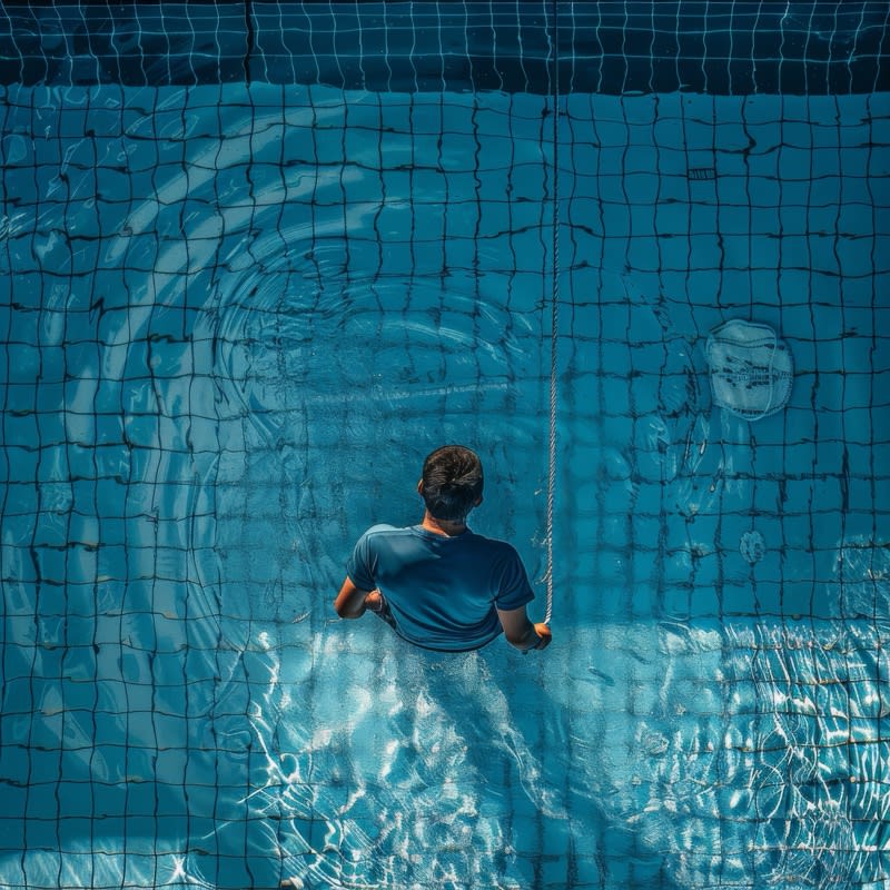 Pool maintenance technician in blue shirt with cleaning equipment servicing a swimming pool.
