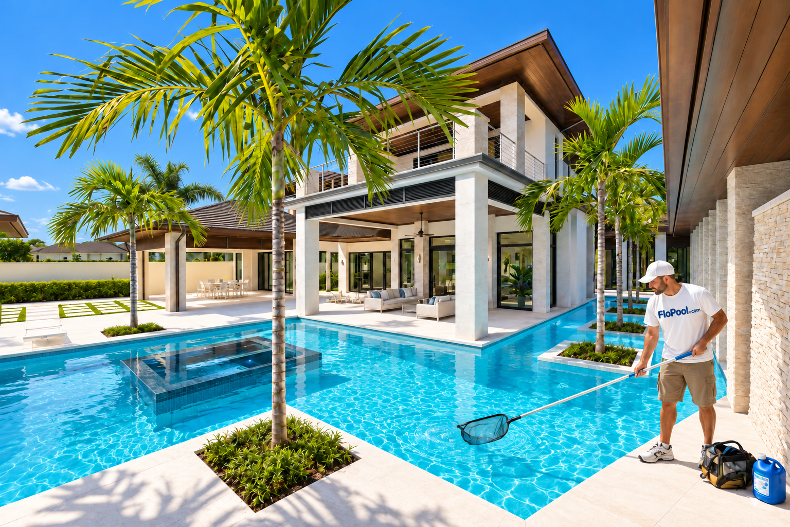 FloPool technician skimming a residential pool beside a modern home and palm trees